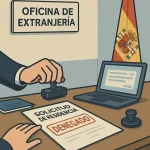 Ilustración de una oficina de extranjería en España con un funcionario estampando un sello de “DENEGADO” en una solicitud de residencia, junto a una bandera española y un ordenador portátil sobre el escritorio