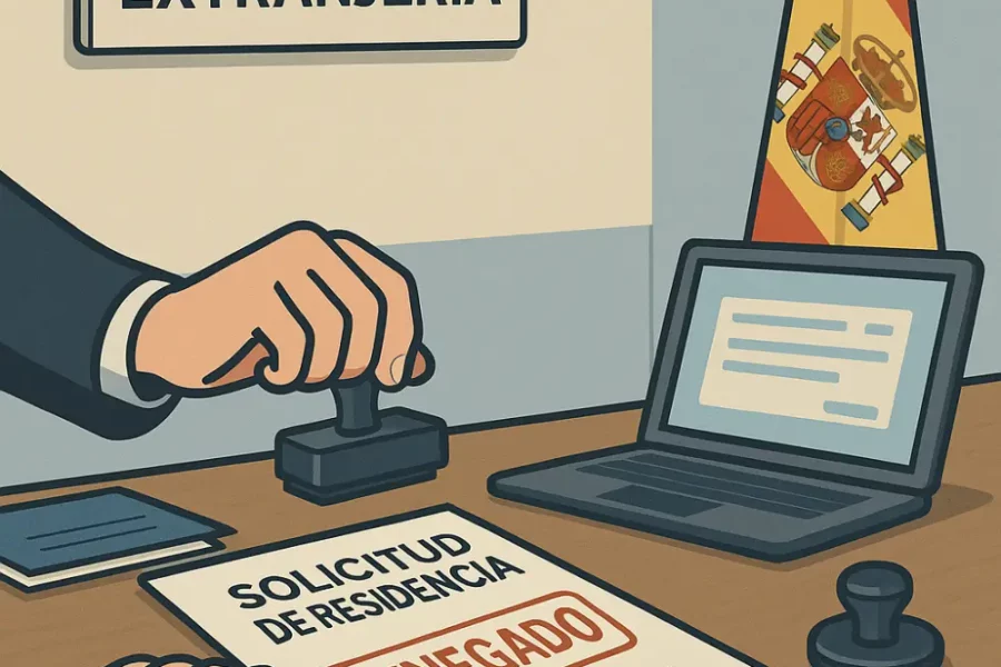 Ilustración de una oficina de extranjería en España con un funcionario estampando un sello de “DENEGADO” en una solicitud de residencia, junto a una bandera española y un ordenador portátil sobre el escritorio