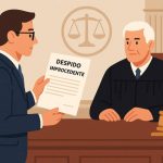 Ilustración de estilo plano que muestra a un abogado laboralista presentando un documento titulado 'Despido improcedente' frente a un juez en una sala de tribunal.