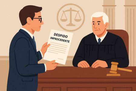 Ilustración de estilo plano que muestra a un abogado laboralista presentando un documento titulado 'Despido improcedente' frente a un juez en una sala de tribunal.