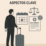 Ilustración de una persona con maleta mirando un calendario y un documento de baja médica, con símbolos legales como una balanza o un sello oficial.