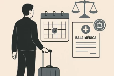 Ilustración de una persona con maleta mirando un calendario y un documento de baja médica, con símbolos legales como una balanza o un sello oficial.