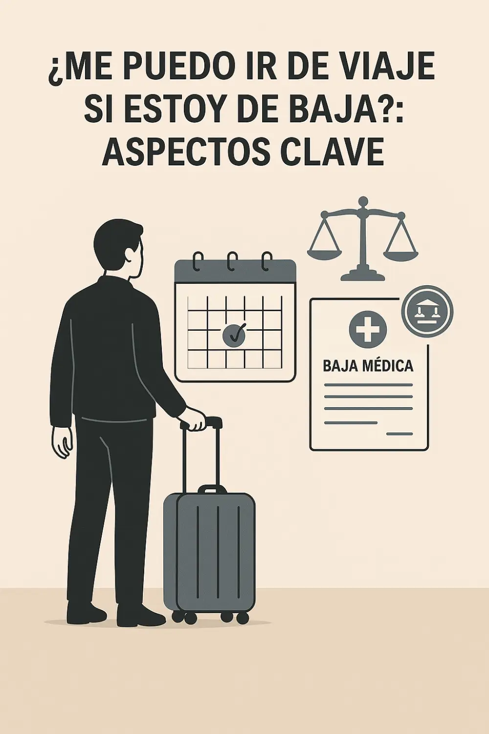 Ilustración de una persona con maleta mirando un calendario y un documento de baja médica, con símbolos legales como una balanza o un sello oficial.