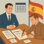 Ilustración profesional que muestra a una persona extranjera firmando un contrato de trabajo frente a un empleador, con documentos oficiales, un calendario y una bandera de España en el fondo. Estilo moderno y simbólico, sin texto