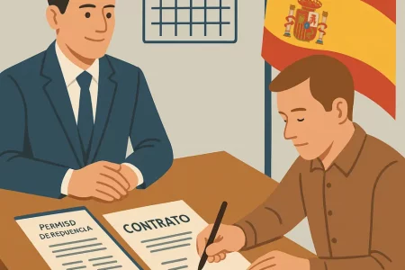Ilustración profesional que muestra a una persona extranjera firmando un contrato de trabajo frente a un empleador, con documentos oficiales, un calendario y una bandera de España en el fondo. Estilo moderno y simbólico, sin texto