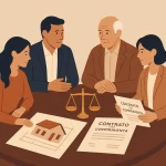 • Ilustración que muestra a varios herederos reunidos alrededor de una mesa con planos de una casa, un contrato de compraventa y una balanza de la justicia. Estilo simbólico y elegante, transmite negociación y proceso legal de herencia