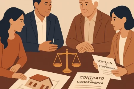 • Ilustración que muestra a varios herederos reunidos alrededor de una mesa con planos de una casa, un contrato de compraventa y una balanza de la justicia. Estilo simbólico y elegante, transmite negociación y proceso legal de herencia